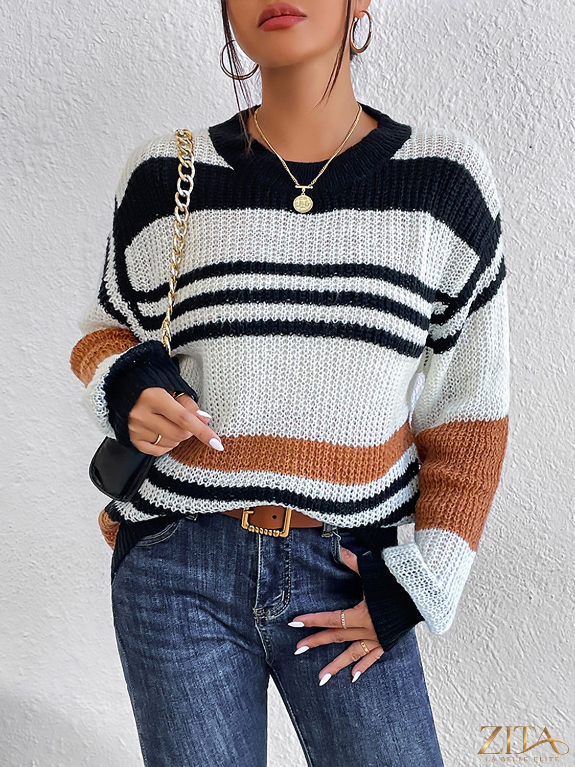 Zita La Belle Elite striped round neck sweater featuring horizontal multicolor stripes and a cozy knit fabric.