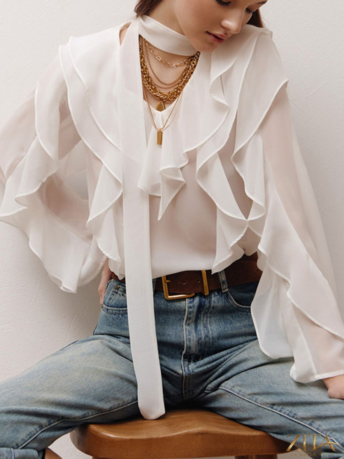 Zita La Belle Elite ruffle trim chiffon blouse with delicate ruffles and lightweight fabric, stylish and feminine top.
