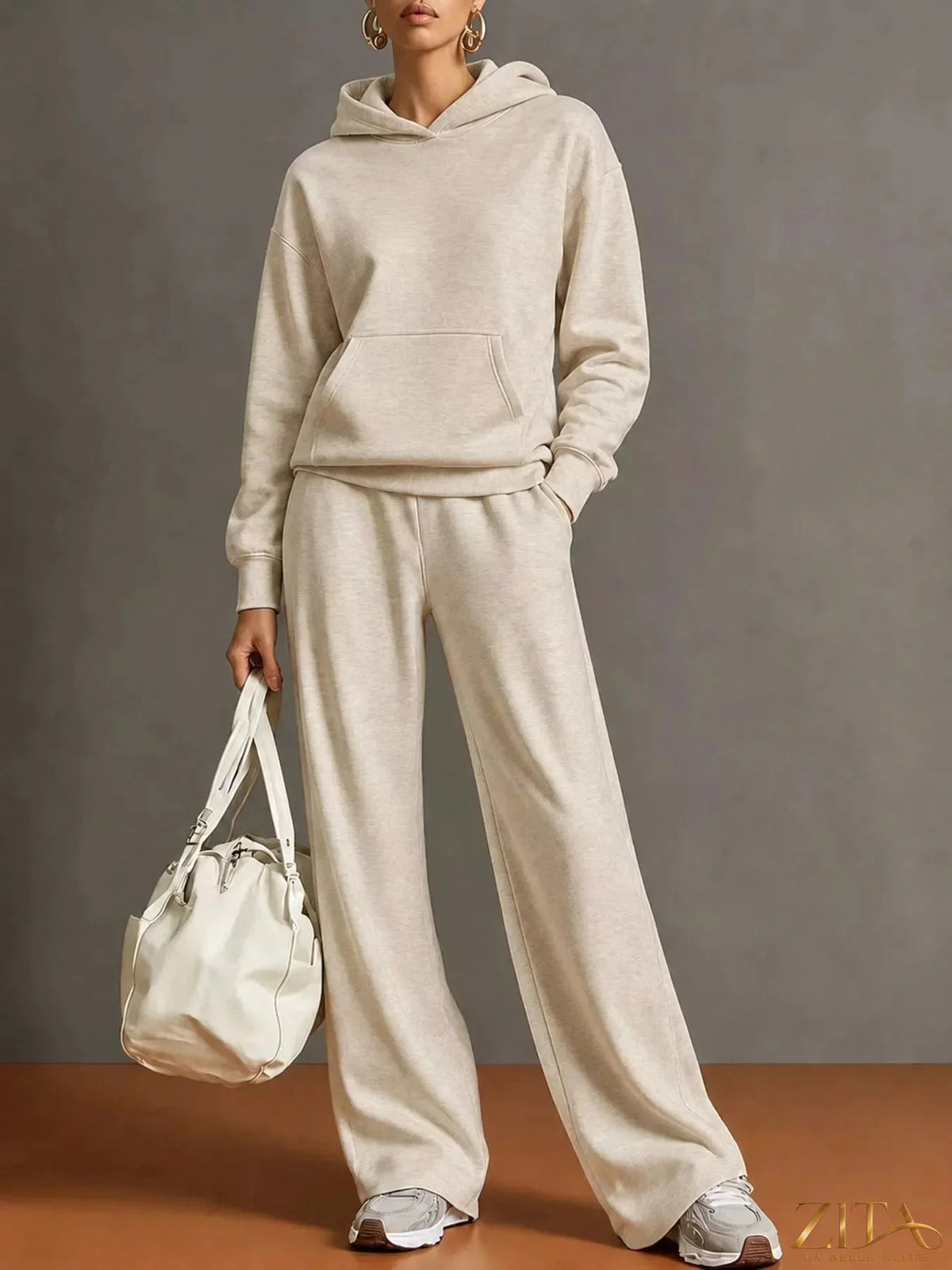 Zita La Belle Elite kangaroo pocket hoodie and matching pants set, soft fabric with front kangaroo pocket, casual loungewear style.