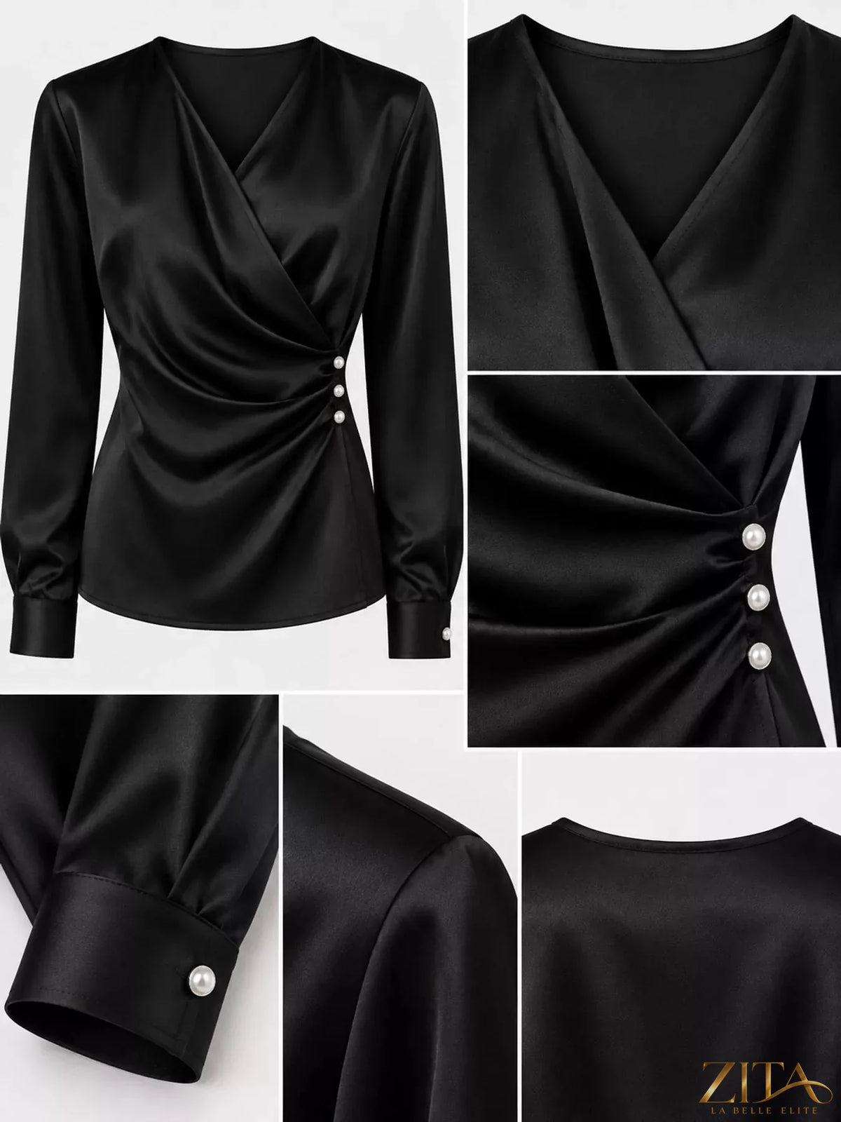 Zita La Belle Elite satin surplice long sleeve blouse with V-neck and elegant drape, displayed on a mannequin.