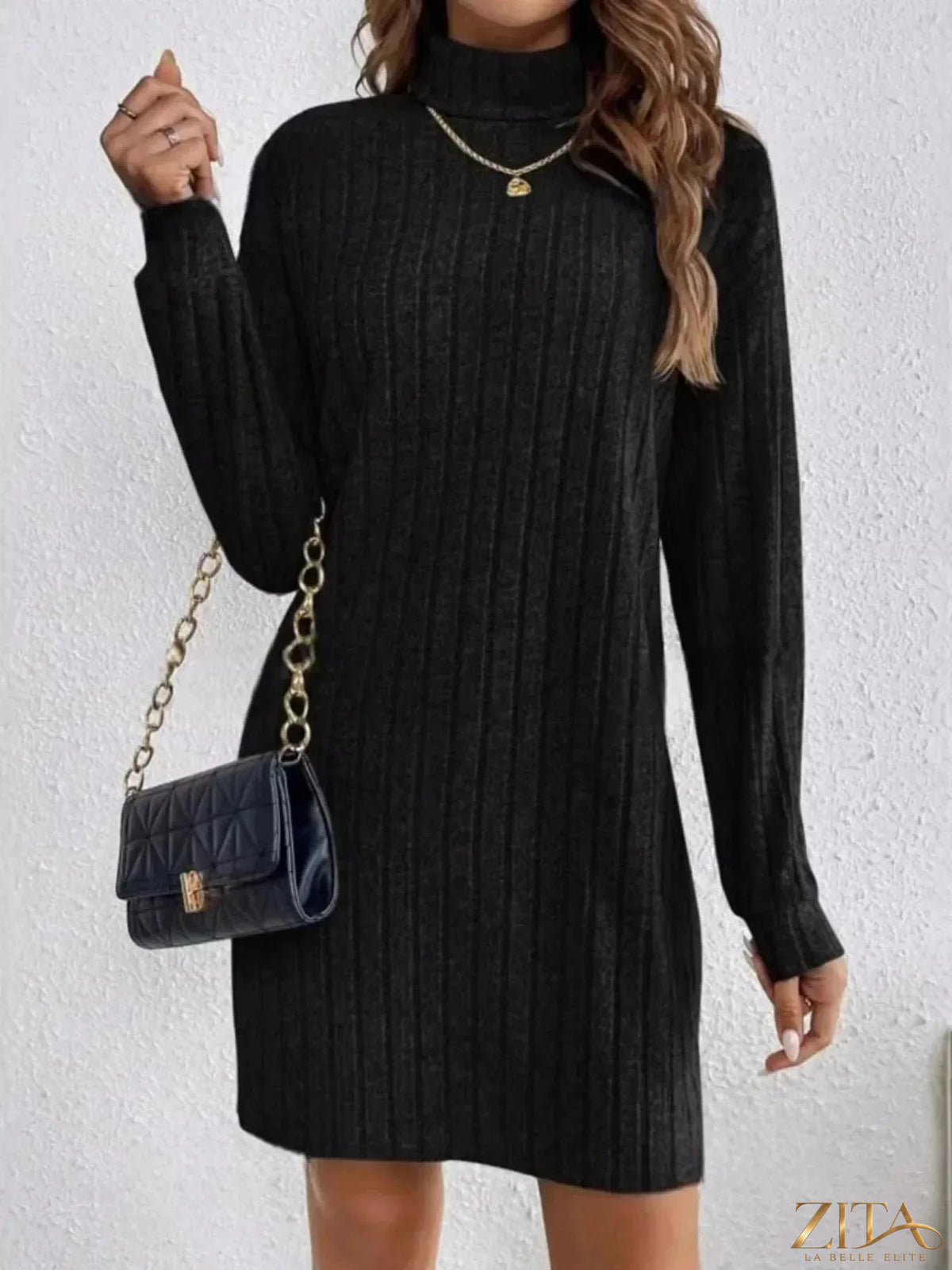 Casual ribbed turtleneck long sleeve mini dress by Trendsi featuring a fitted silhouette and cozy knit fabric.