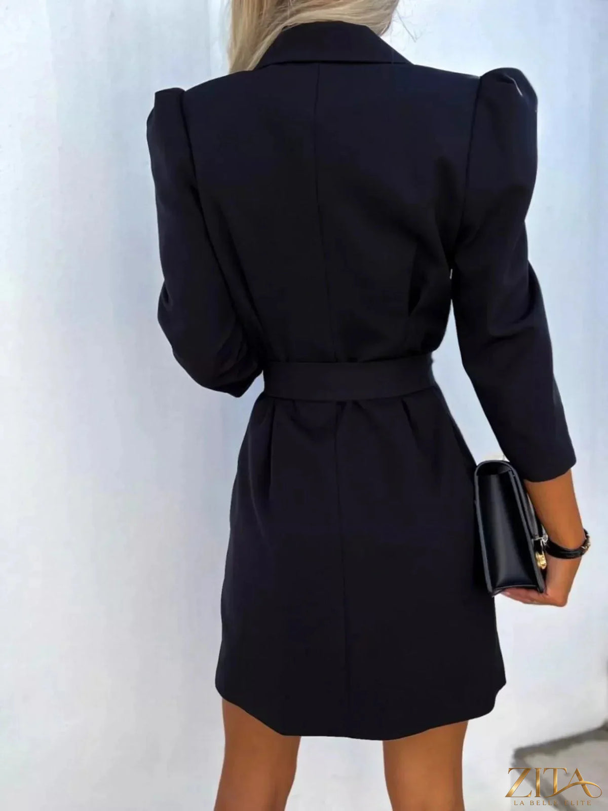 Zita La Belle Elite 3/4 sleeve belted blazer dress in black, featuring a tailored fit and stylish lapel collar.