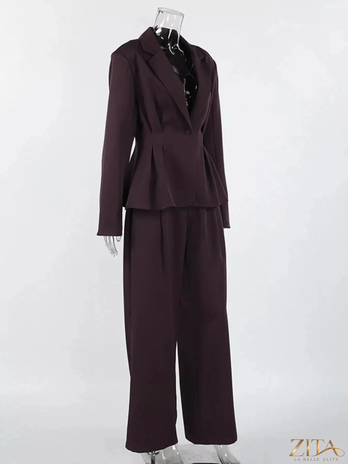 Zita La Belle Elite one-button blazer and wide-leg pants set, stylish formal outfit for women, shown on a model.
