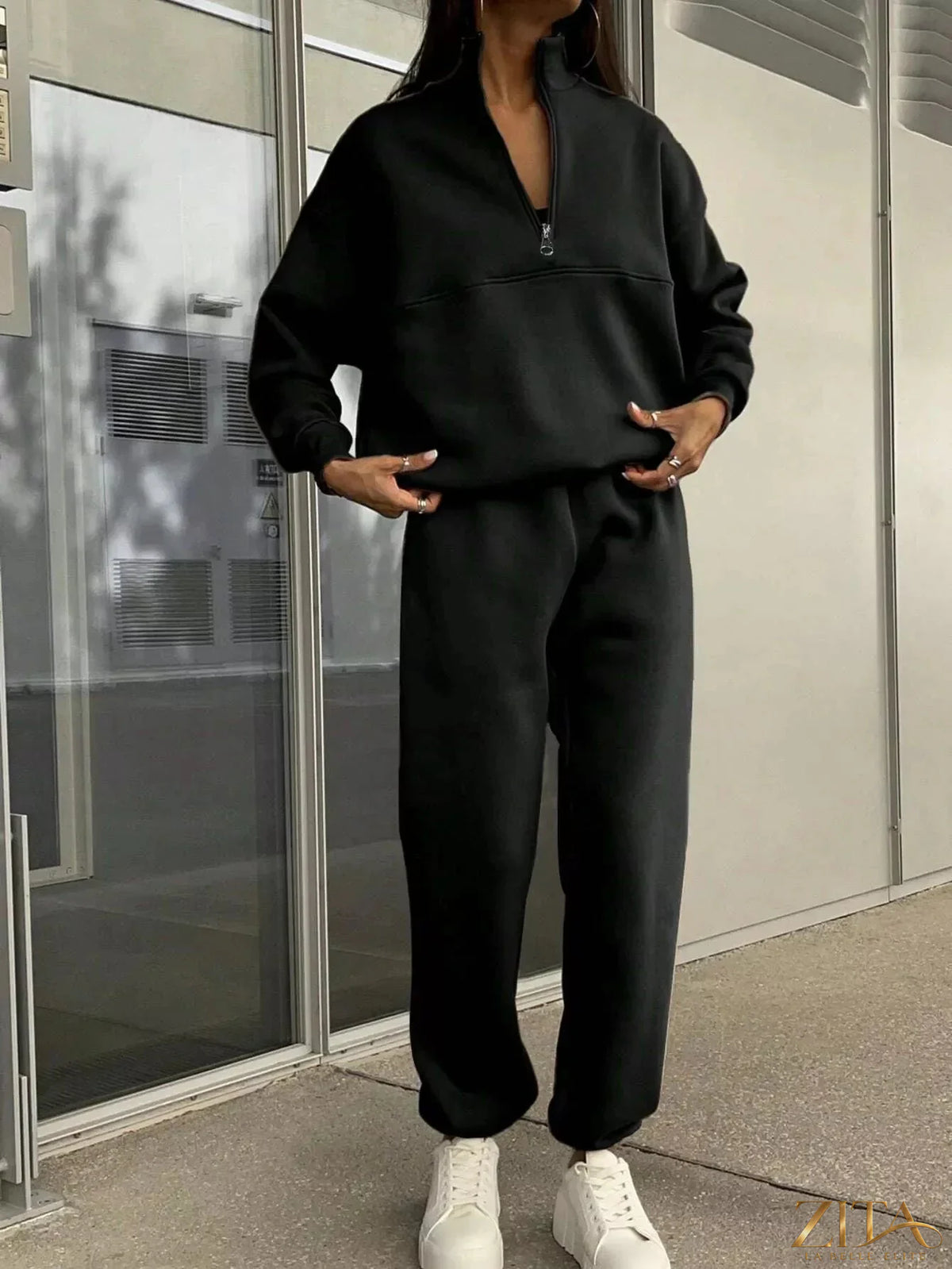 Zita La Belle Elite half zip sweatshirt and matching pants set, soft fabric, casual athletic style in neutral colors.