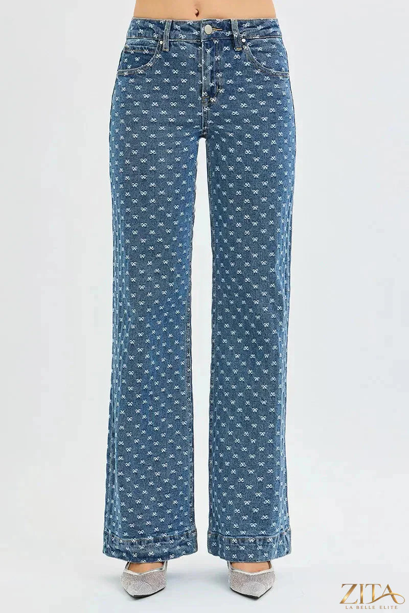 Zita La Belle Elite RISEN high rise wide leg jeans with bow embroidery, showcasing stylish denim with decorative stitched details.