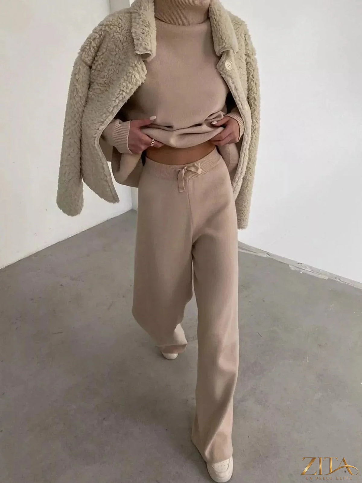Plus size Trendsi turtleneck long sleeve sweater top and pants set, cozy and stylish full-body knit outfit.