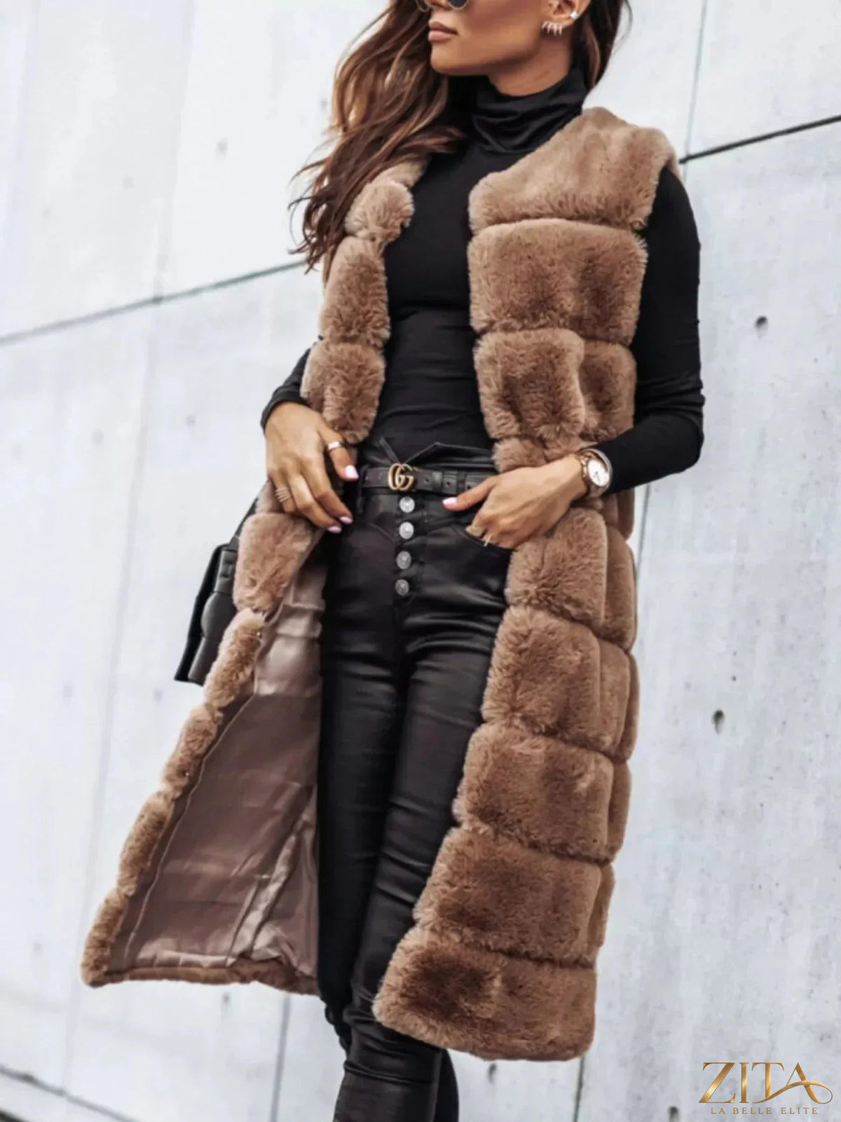 Zita La Belle Elite faux fur longline vest coat draped over a mannequin, showcasing its plush texture and elegant design.