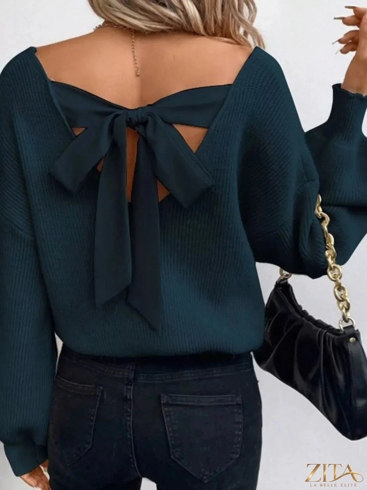 Zita La Belle Elite back bow V-neck sweater in soft knit fabric, featuring a stylish bow detail at the back and a V-neckline.