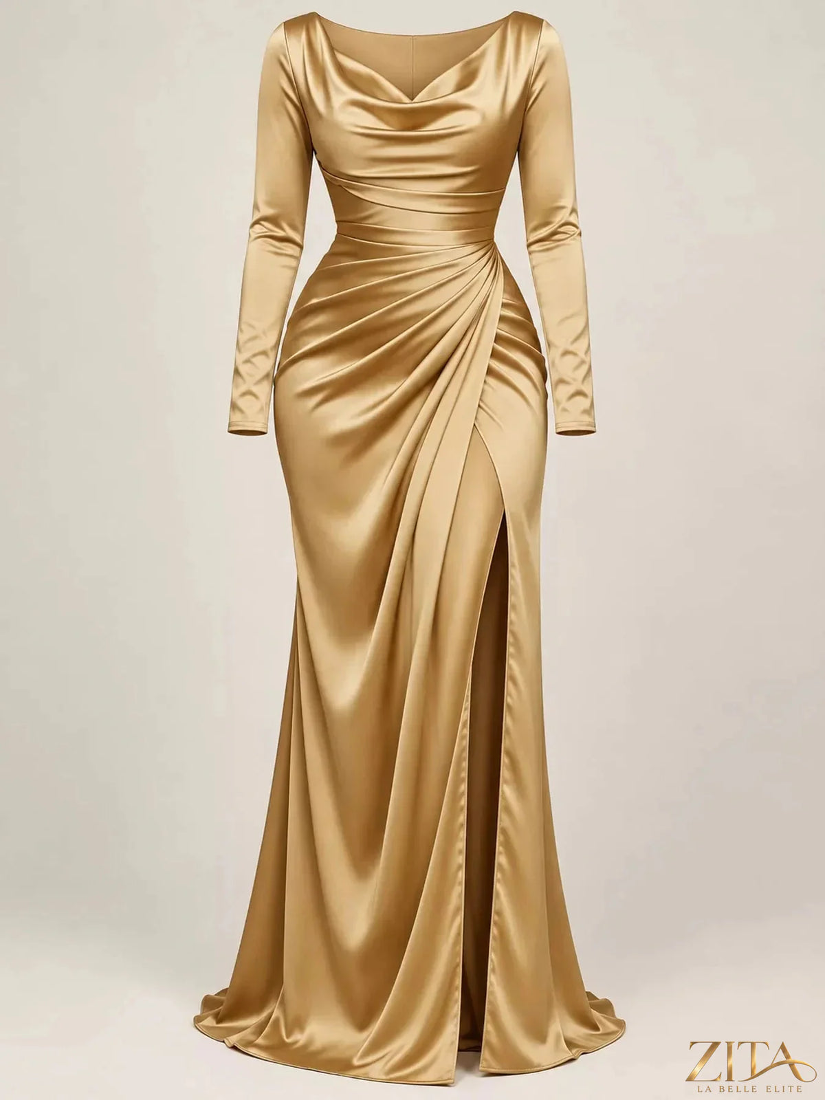 Plus size satin cowl neck evening maxi dress with a high slit by Zita La Belle Elite, featuring a full-length, elegant design.