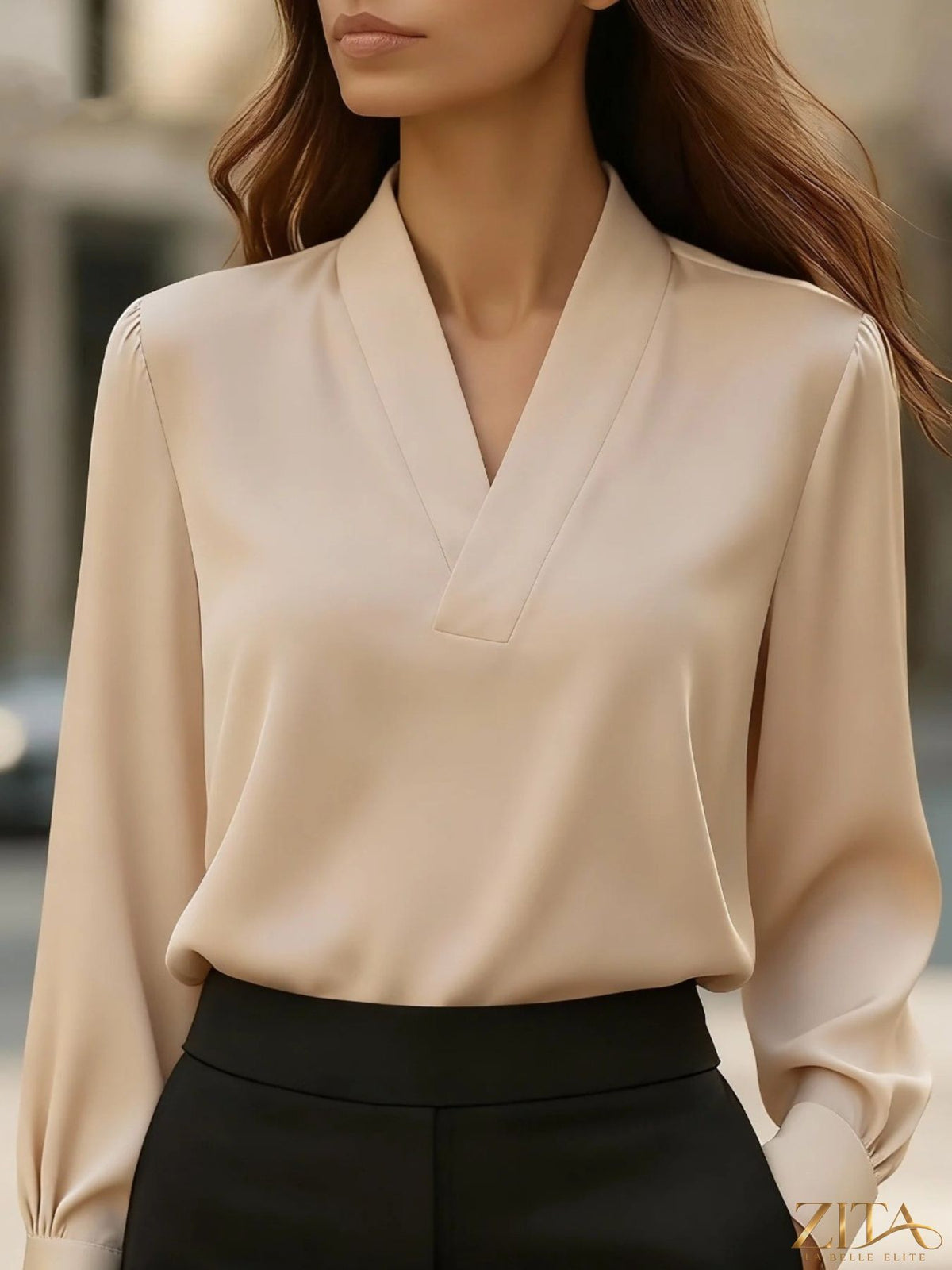 Zita La Belle Elite satin V-neck long sleeve blouse in elegant fabric, showcasing a smooth, shiny finish and stylish V-neck design.