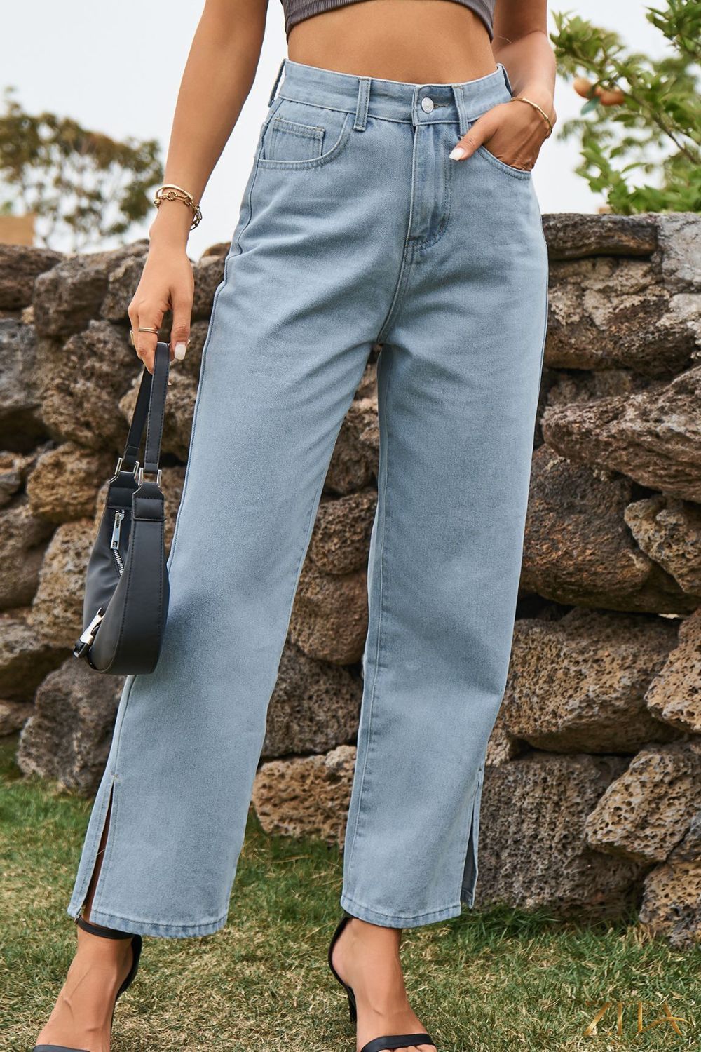 Zita La Belle Elite high waist loose fit ankle slit jeans displayed on a model, showing relaxed fit and stylish slit detail at the ankles.