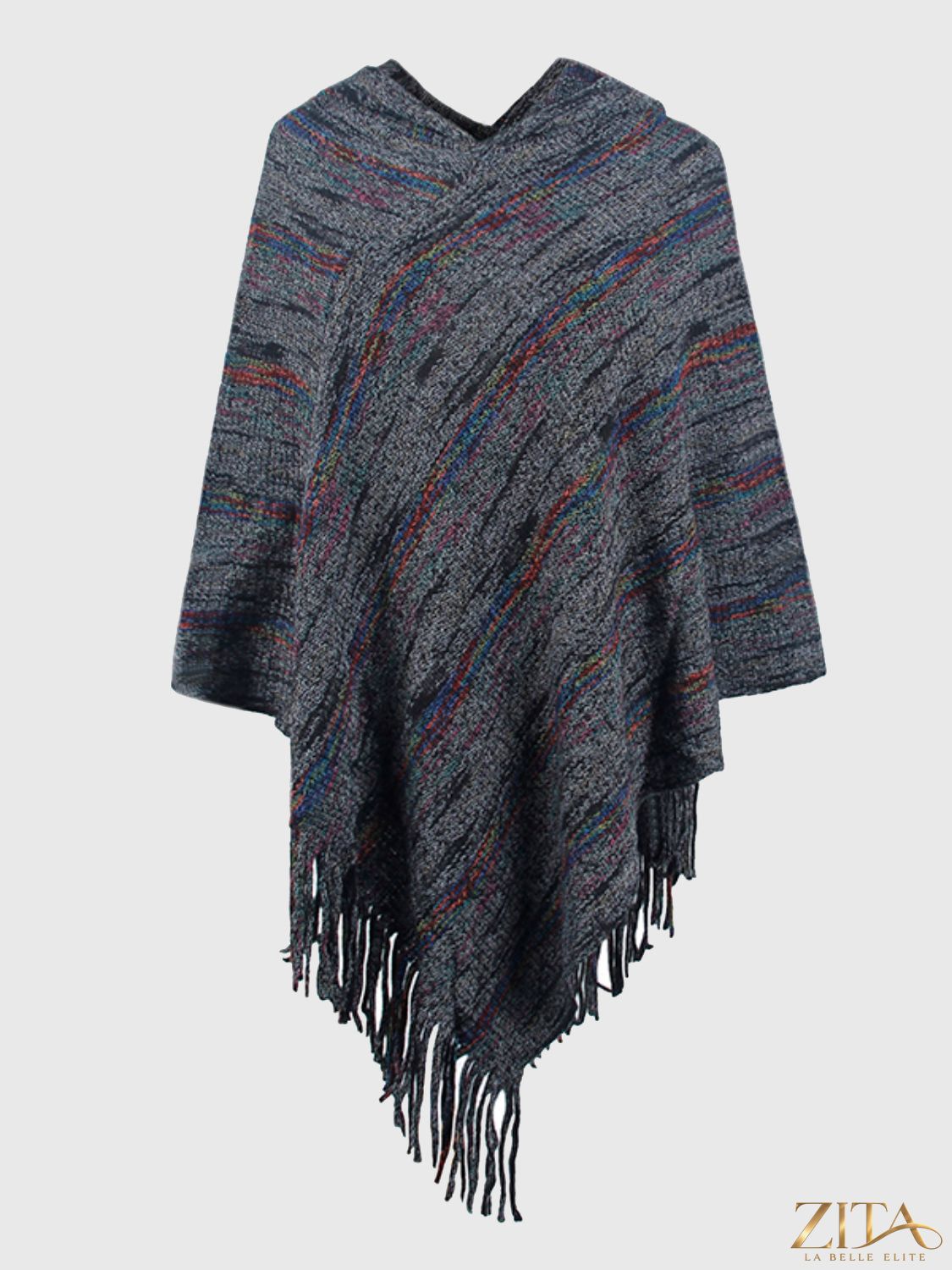 Zita La Belle Elite fringe hem hooded poncho with flowing fabric and tassel details, perfect for stylish outdoor wear.