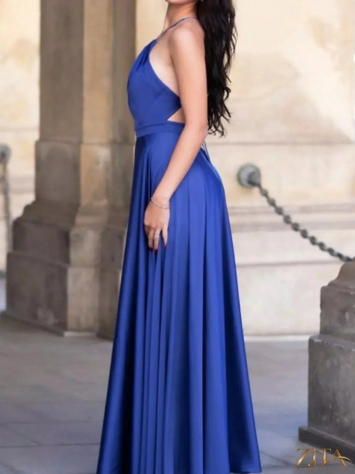Zita La Belle Elite halter neck slit maxi dress in flowing fabric, featuring a stylish neckline and elegant design.