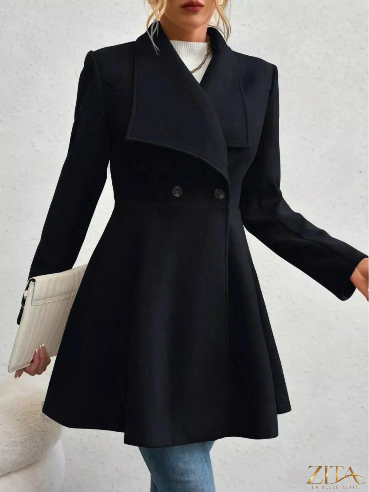 Zita La Belle Elite double-breasted coat with a collared neck, featuring stylish button details and tailored fit in a neutral color.