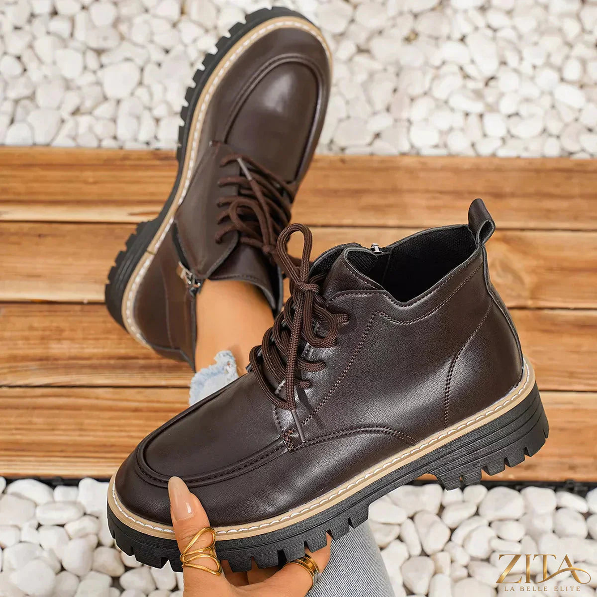 Zita La Belle Elite chunky lace-up combat boots with thick soles and rugged design, stylish footwear for edgy looks.
