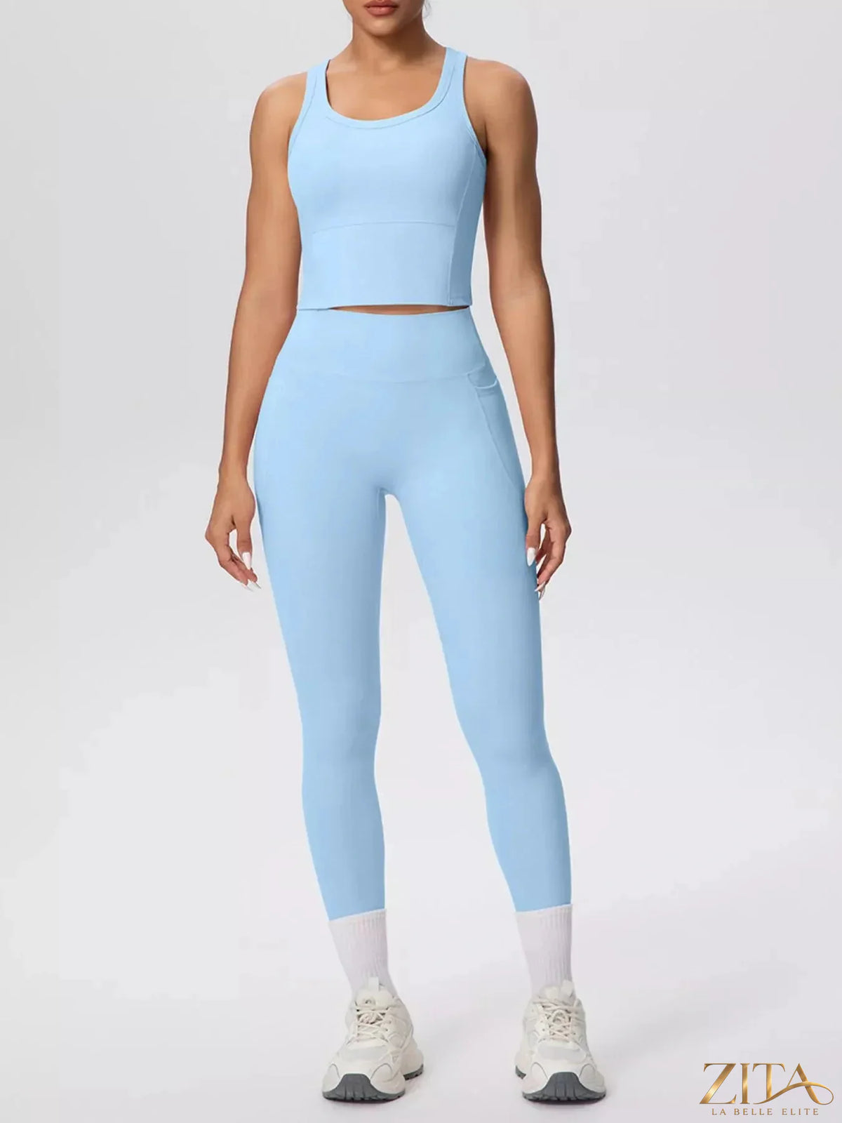 Zita La Belle Elite scoop neck tank top and high-waisted leggings active set, black and seamless for workout or casual wear.
