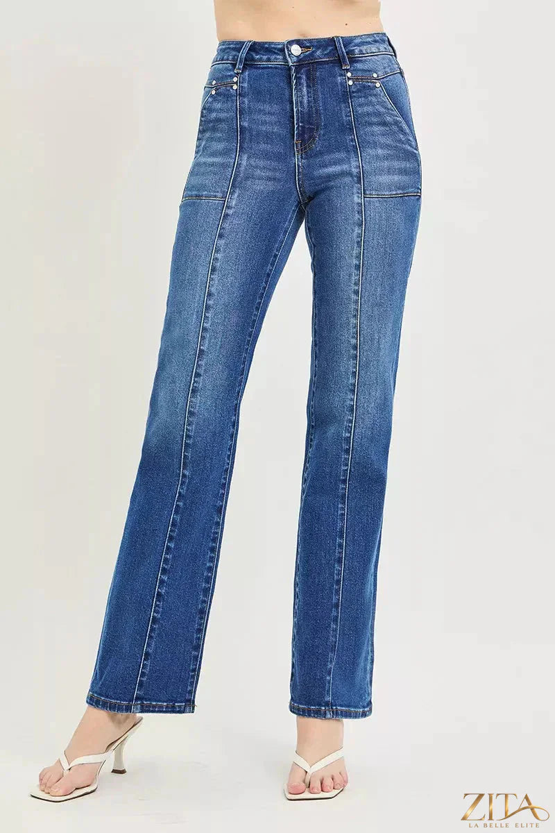 Zita La Belle Elite RISEN high rise straight jeans with patch pockets and seamed details, shown on a model.