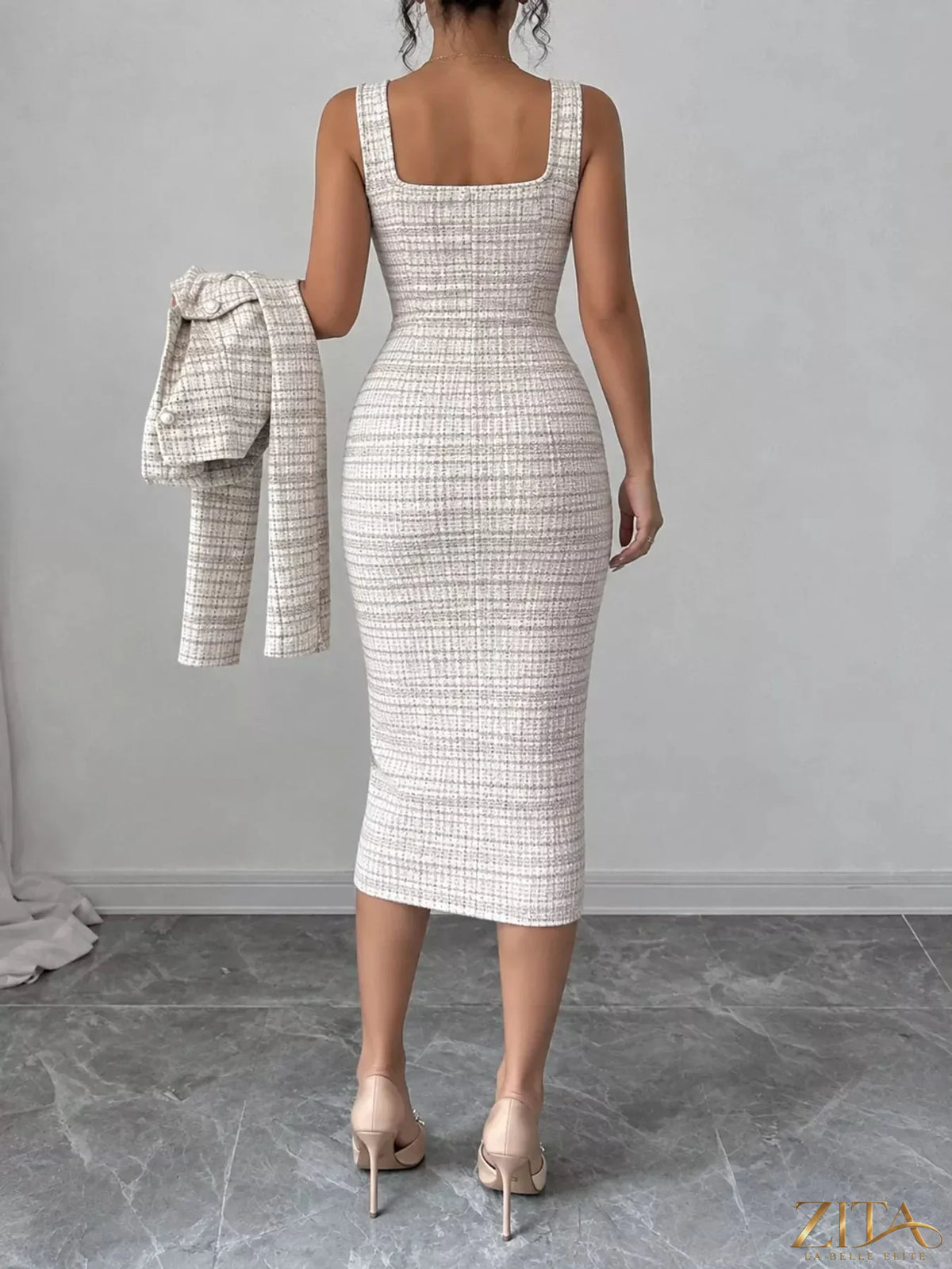 Zita La Belle Elite tweed square neck dress and matching cardigan set, featuring a classic textured fabric and elegant design.