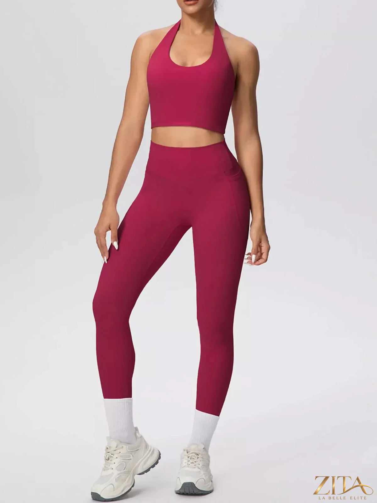 Zita La Belle Elite halter neck crop top and high-waisted leggings active set, black, fitted athletic wear for women.