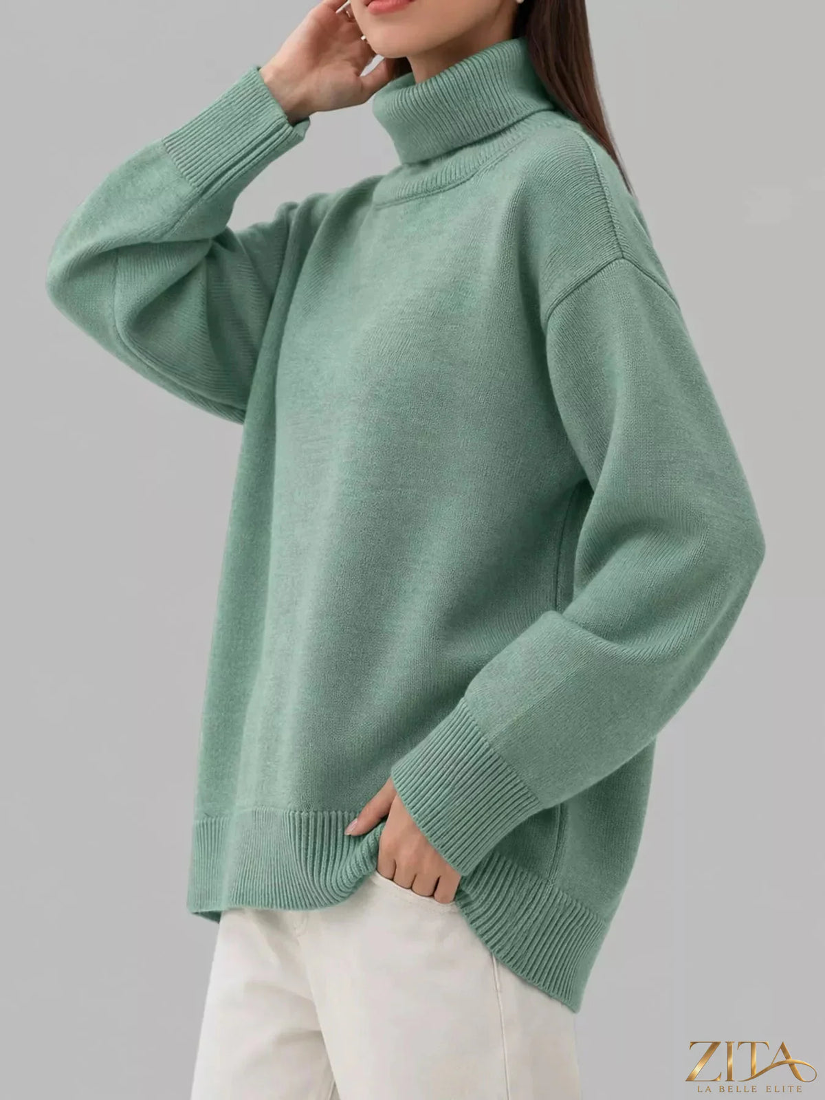 Zita La Belle Elite turtleneck dropped shoulder sweater in neutral knit, featuring a relaxed fit and cozy design.