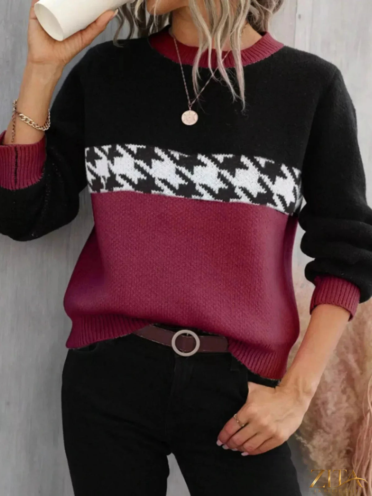 Color block houndstooth sweater by Trendsi featuring a stylish multicolor pattern and cozy knit fabric.