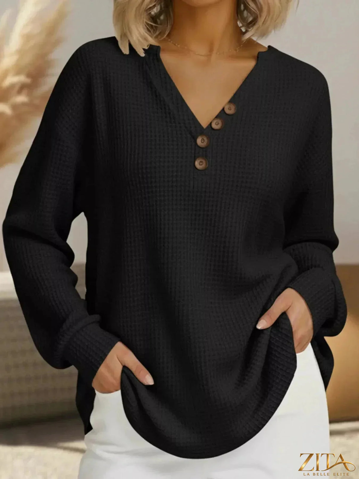 Plus size Zita La Belle Elite waffle knit V-neck long sleeve T-shirt with casual style and comfortable fit.