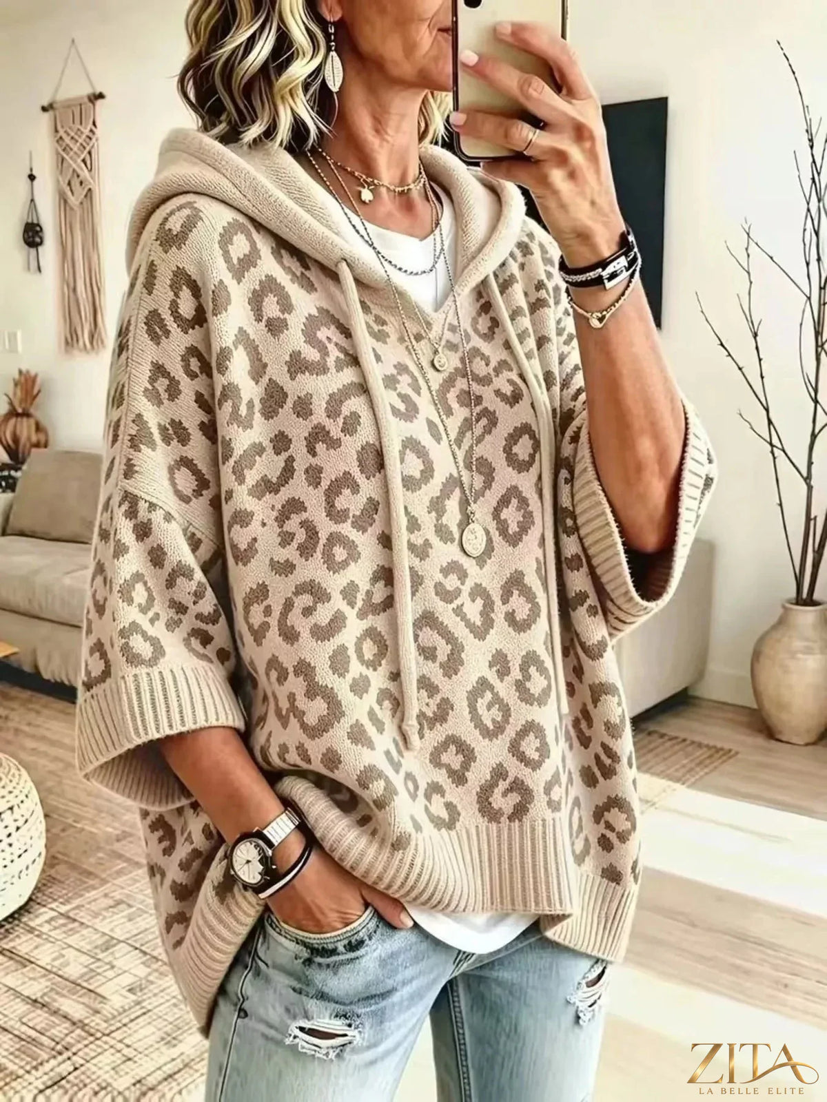 Zita La Belle Elite leopard print hooded sweater with drawstring, cozy and stylish for casual wear.