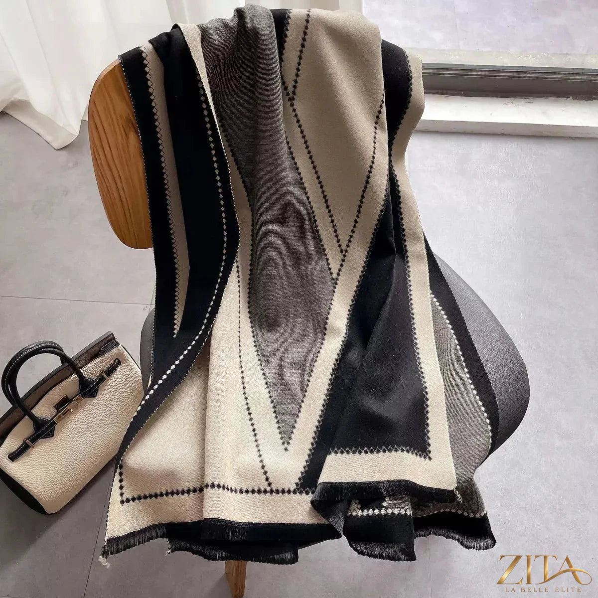 Zita La Belle Elite raw hem contrast scarf with fringed edges, showcasing stylish fabric detail and contrasting color accents.