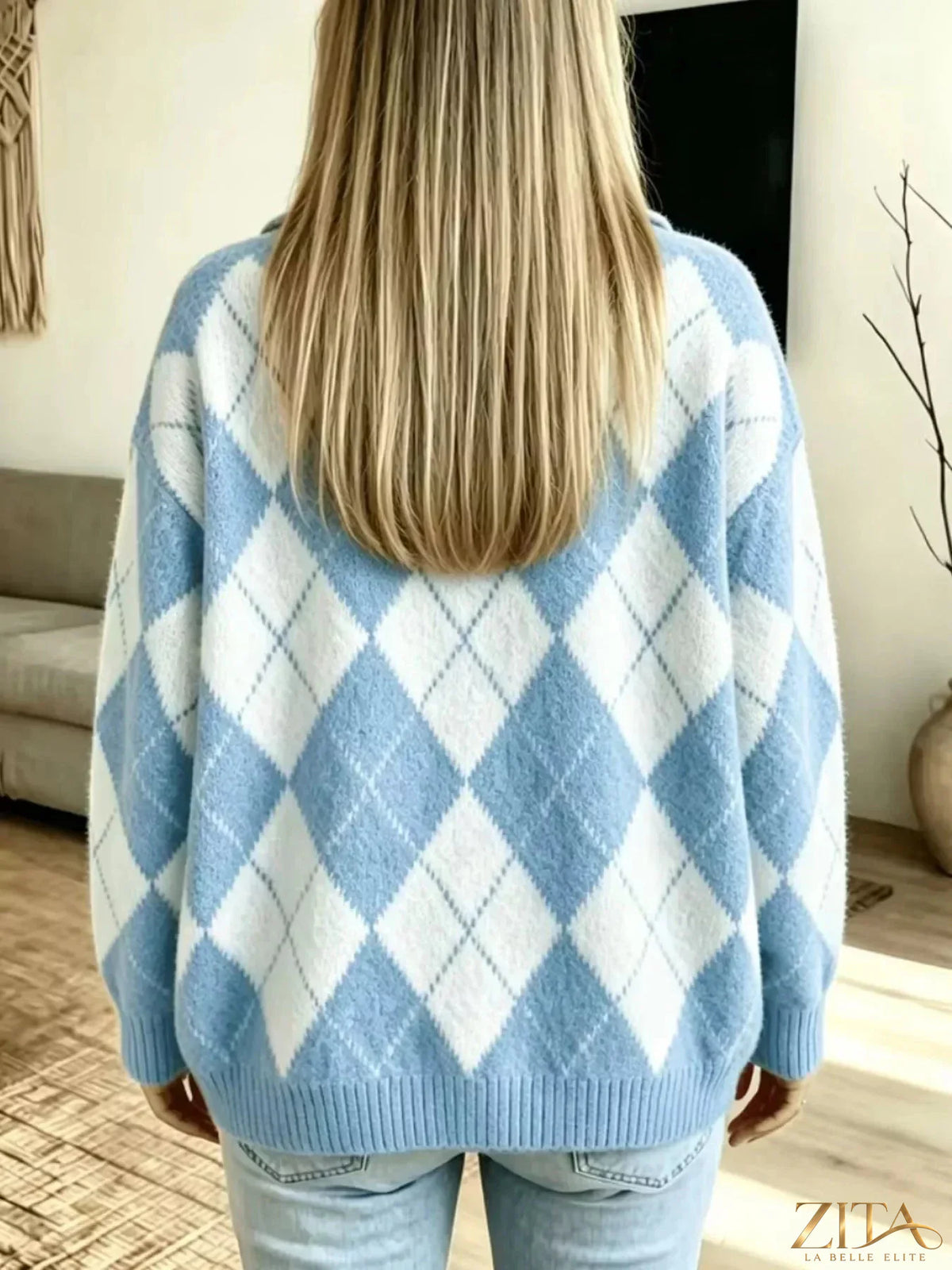 Zita La Belle Elite Argyle pattern collared pullover sweater in shades of blue and gray, featuring a classic V-neck and ribbed cuffs.