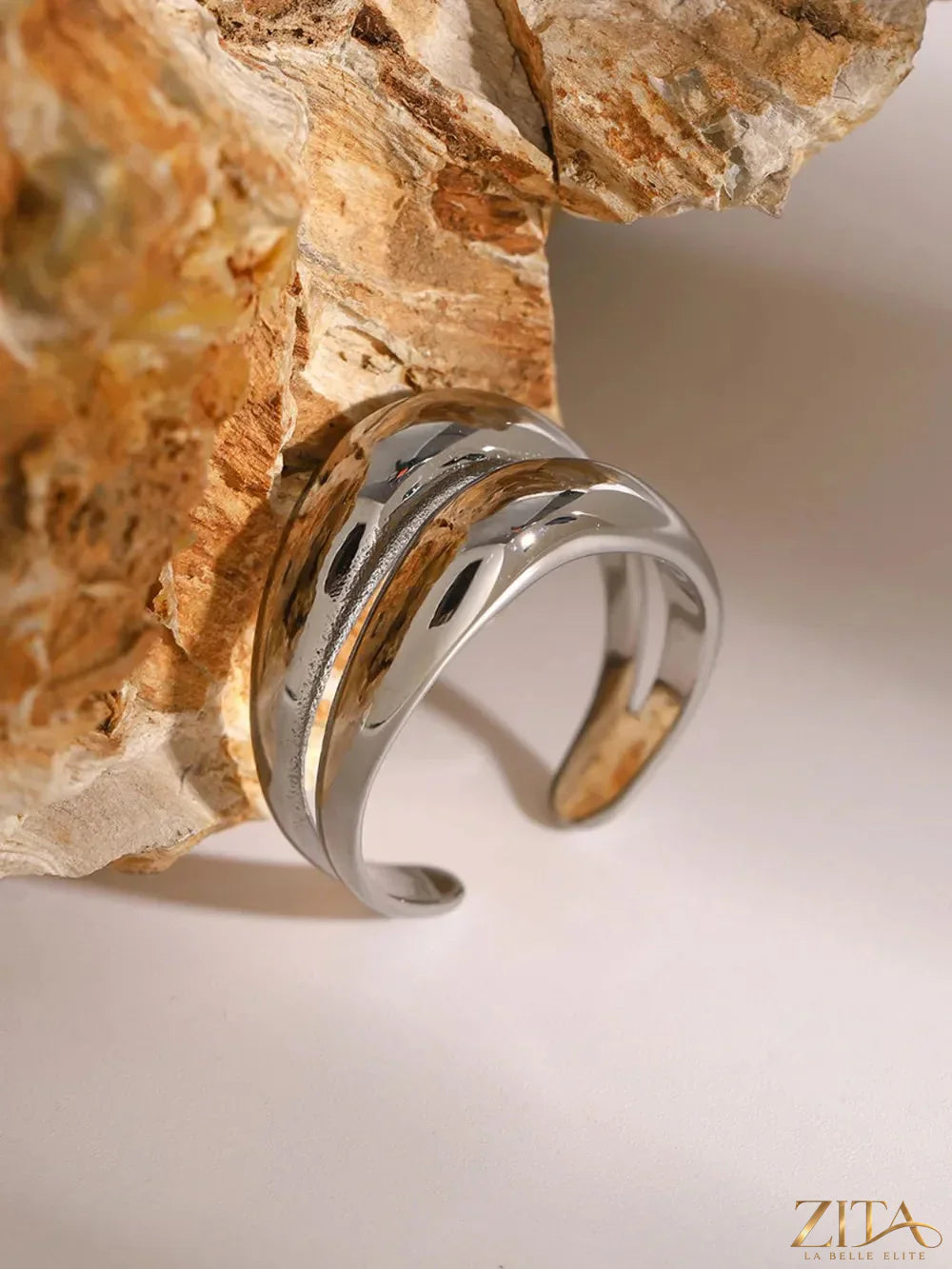 Stainless steel double-layered ring from Zita La Belle Elite, featuring sleek, modern design with layered bands and polished finish.