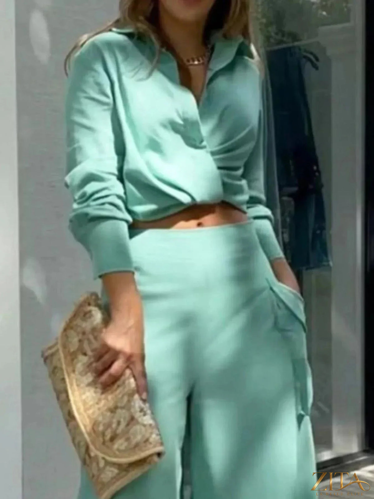 Zita La Belle Elite long sleeve shirt and wide-leg pants set, in a stylish and comfortable matching ensemble, shown in a fashion image.