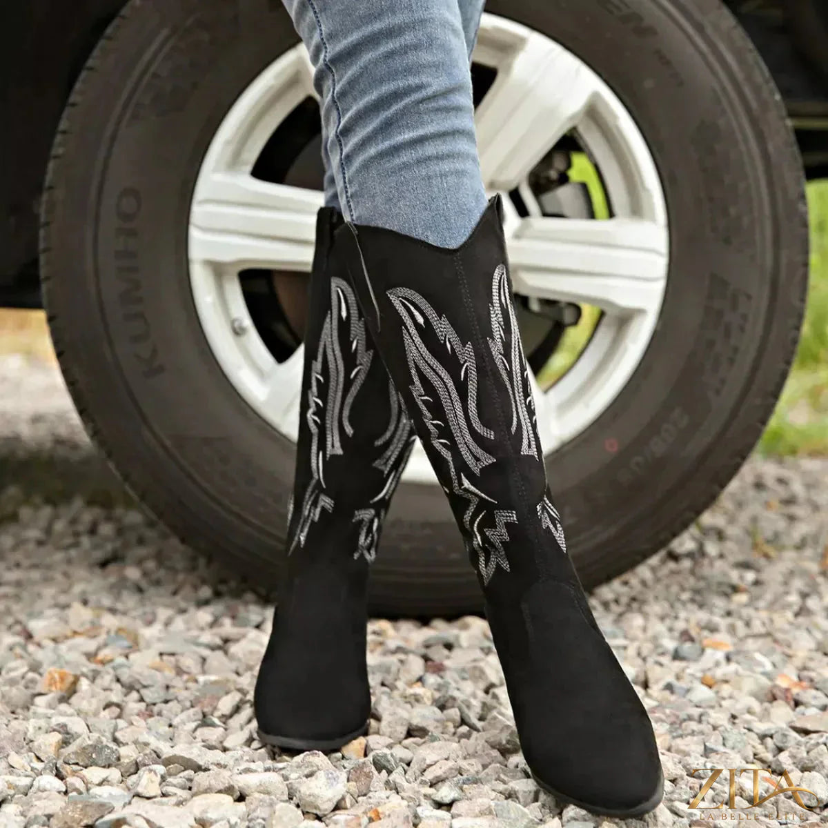 Zita La Belle Elite point toe block heel boots in black leather with sleek design and sturdy block heel, perfect for stylish footwear.