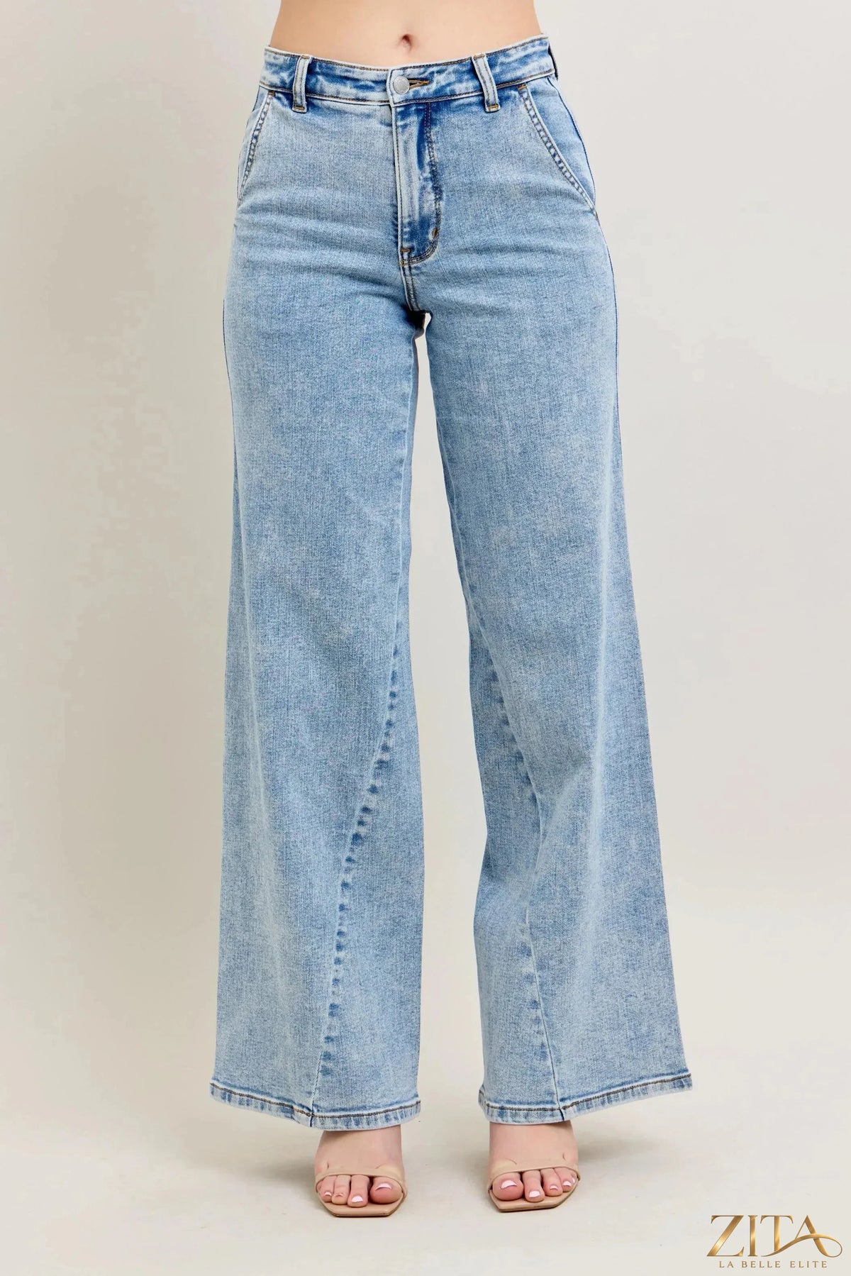 Zita La Belle Elite Judy Blue high waist wide leg jeans with skewed inseam, featuring a stylish denim design and relaxed fit.