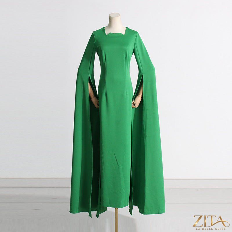 Zita La Belle Elite cape sleeve evening gown with scalloped neckline, fitted design, and back slit, perfect for formal occasions.