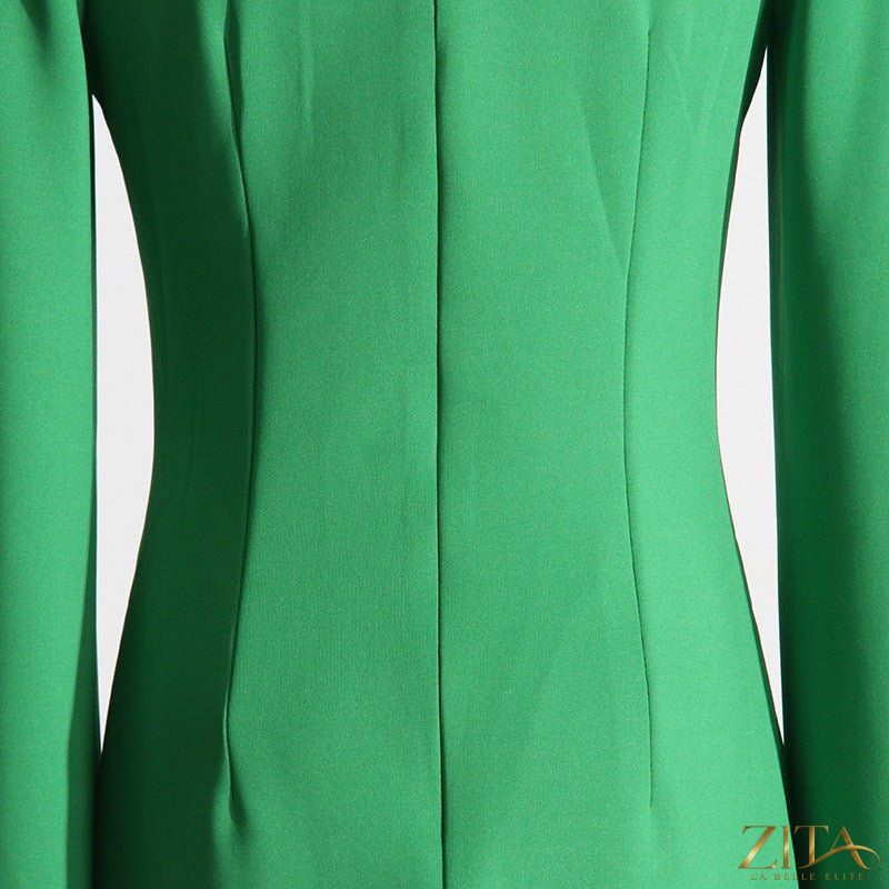 Zita La Belle Elite cape sleeve evening gown with scalloped neckline, fitted design, back slit, and elegant maxi length.