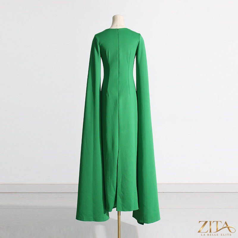 Zita La Belle Elite cape sleeve evening gown with scalloped neckline, fitted silhouette, and back slit, elegant maxi dress for formal events.
