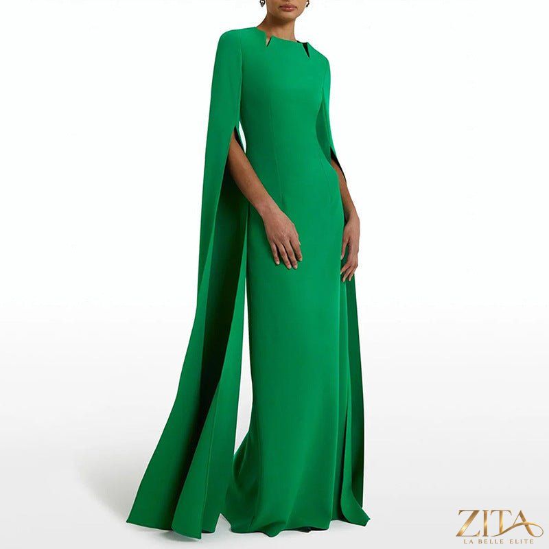 Zita La Belle Elite cape sleeve evening gown with scalloped neckline, fitted silhouette, back slit, elegant maxi dress.