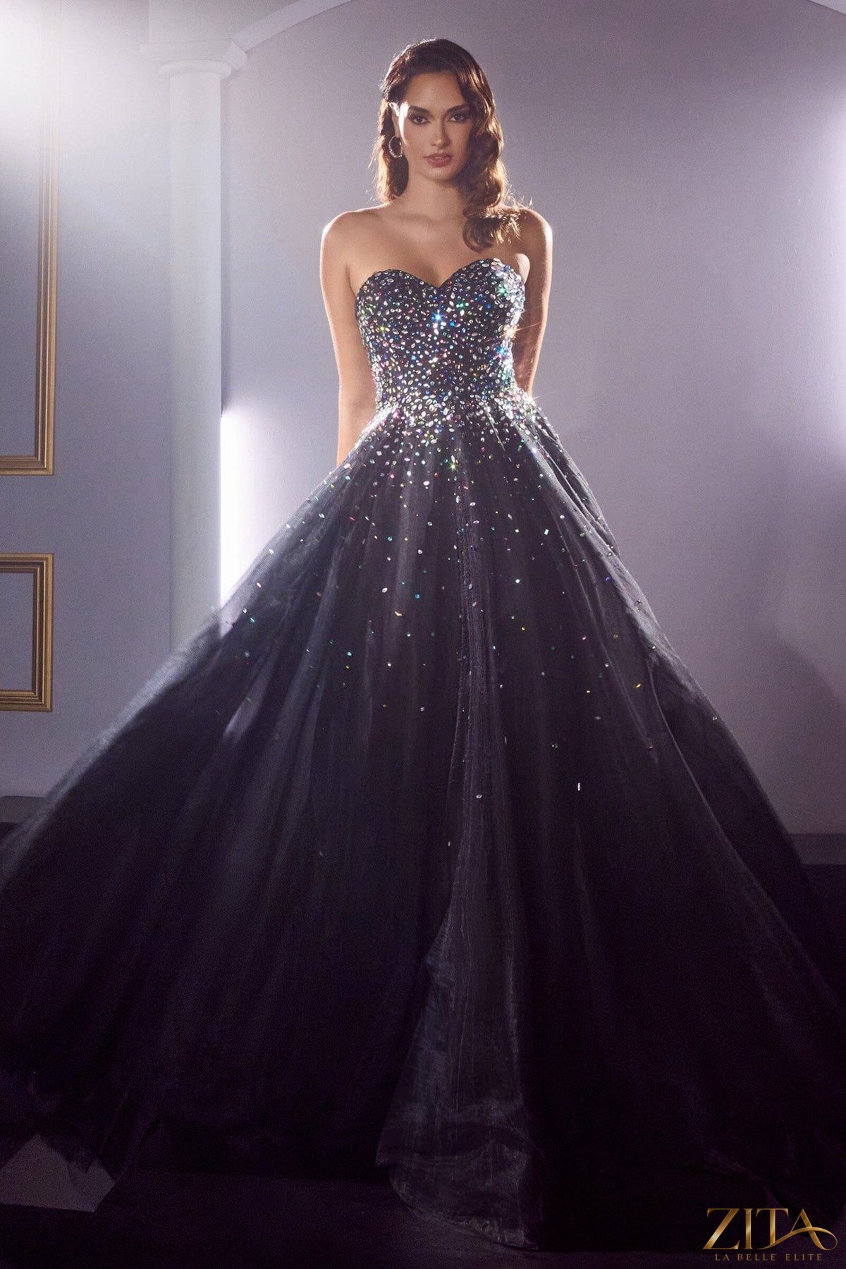 Zita La Belle Elite Ladivine CB114 long strapless formal gown with jewel accents, elegant evening dress for special occasions.