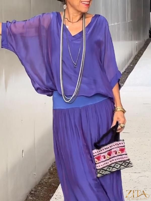 Zita La Belle Elite solid-color chiffon two-piece casualwear set with long sleeves and flowing fabric in various colors.