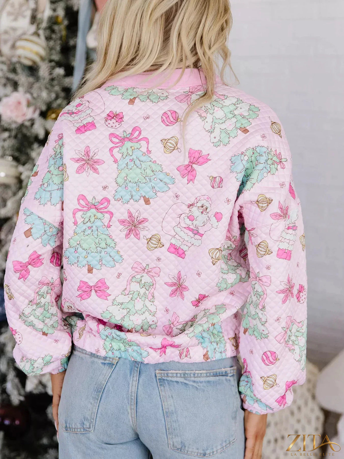 Zita La Belle Elite Christmas print collar loose sweatshirt with half button detail and festive holiday design.