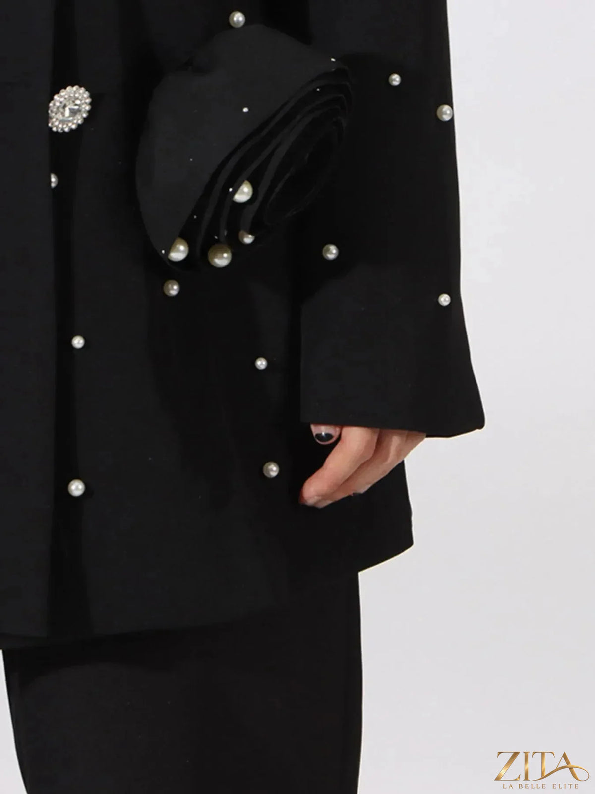 Pearl-embellished double-breasted blazer by Trendsi, shown in black with pearl accents and tailored fit.