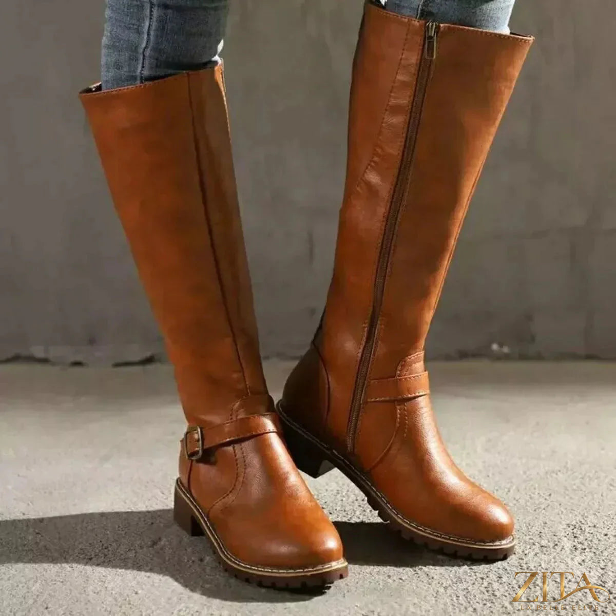 Zita La Belle Elite round toe block heel boots in black leather with a sleek design and sturdy heel.