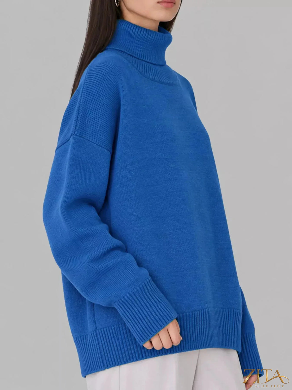 Zita La Belle Elite turtleneck dropped shoulder sweater in soft knit fabric, featuring a cozy fit and stylish design.