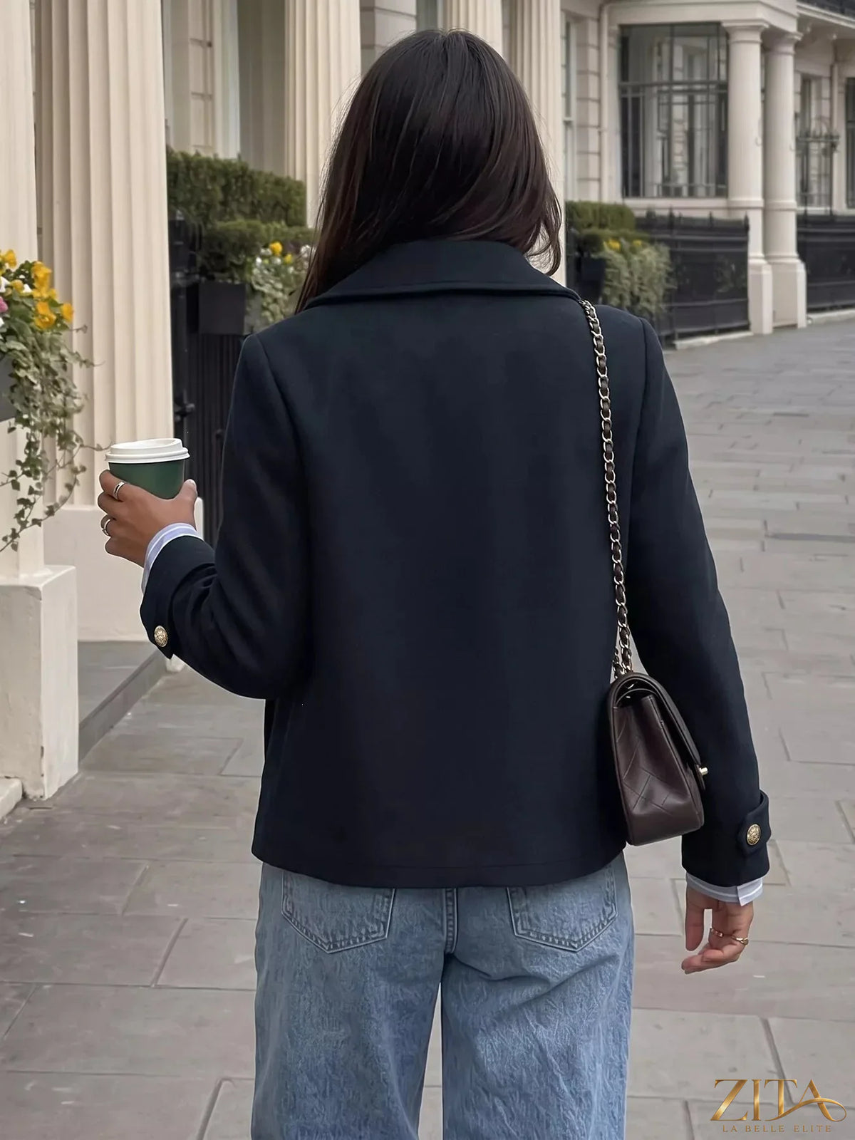 Zita La Belle Elite double-breasted gold button blazer showing tailored fit and stylish design on a white background