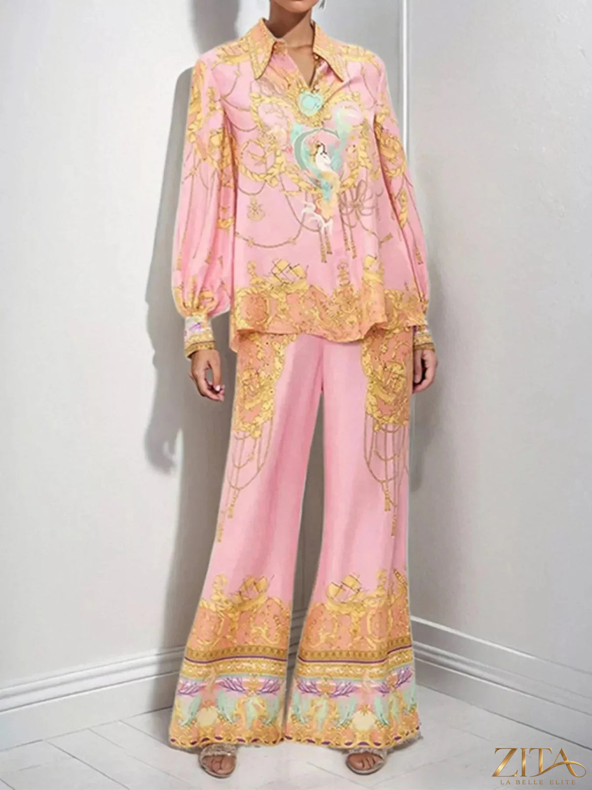 Zita La Belle Elite printed lantern sleeve top and matching pants set, featuring stylish lantern sleeves and comfortable fit.