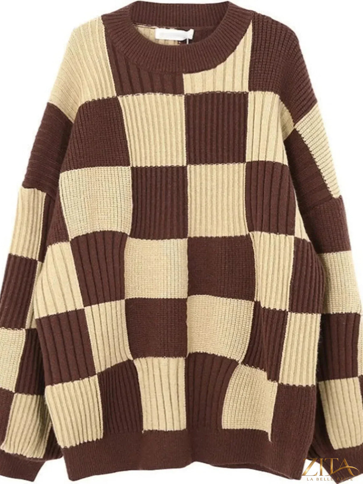Zita La Belle Elite oversized sweater with black and white checkerboard pattern, cozy knit fabric, and relaxed fit.