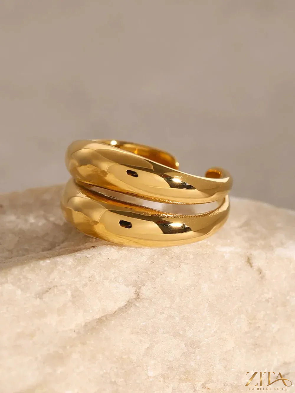 Stainless steel double-layered ring by Zita La Belle Elite featuring sleek, modern design with layered bands and polished finish.