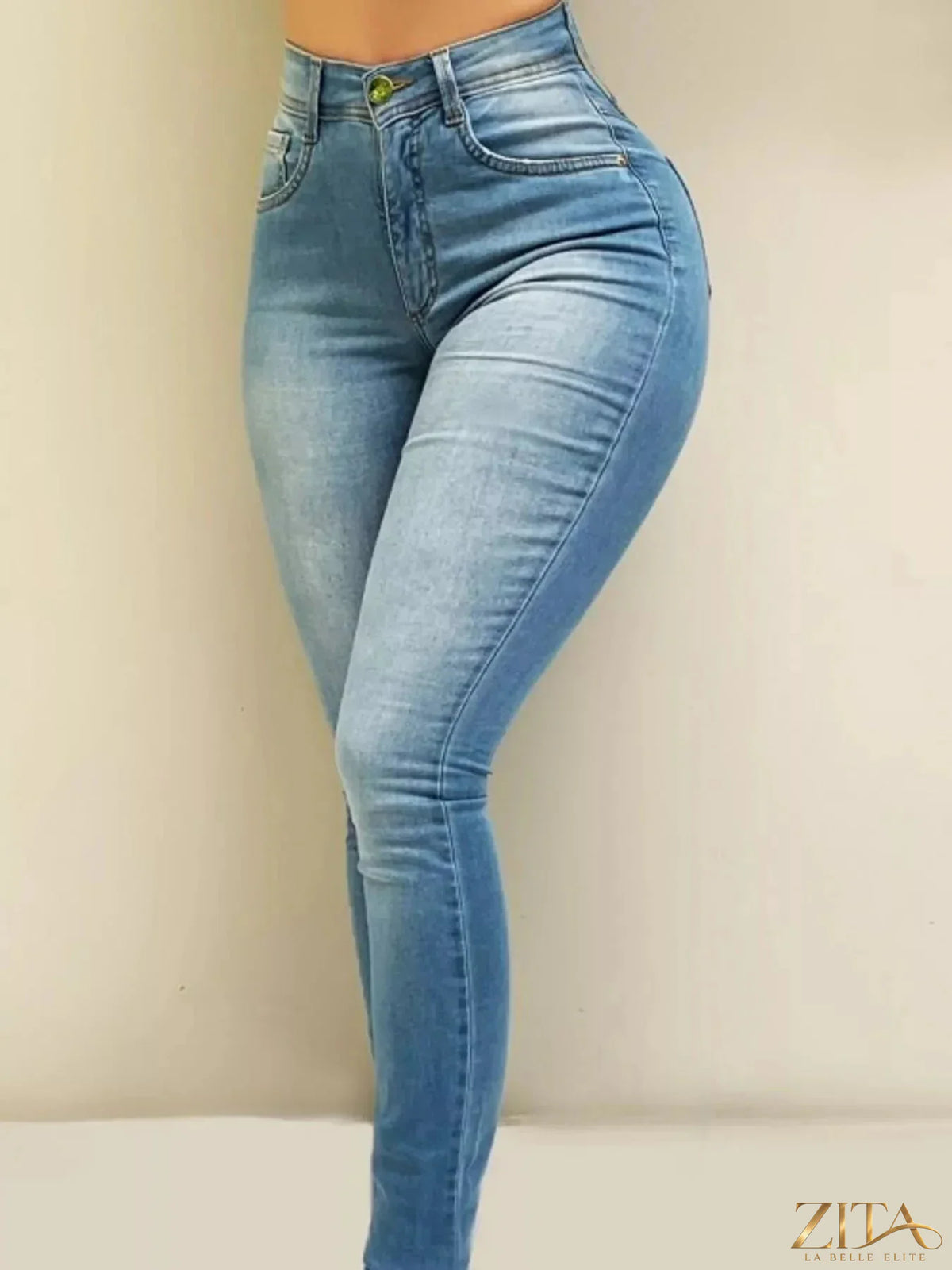 Zita La Belle Elite high-waisted sculpting skinny jeans in dark wash denim, close-up of fit and stretch fabric.