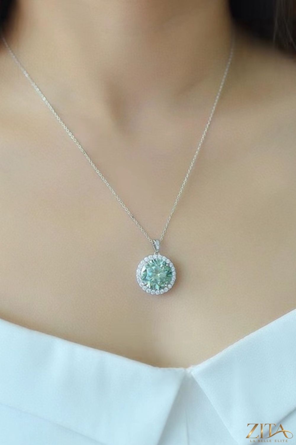 10 carat moissanite pendant on platinum-plated necklace, showcasing sparkling gemstone and elegant jewelry design.