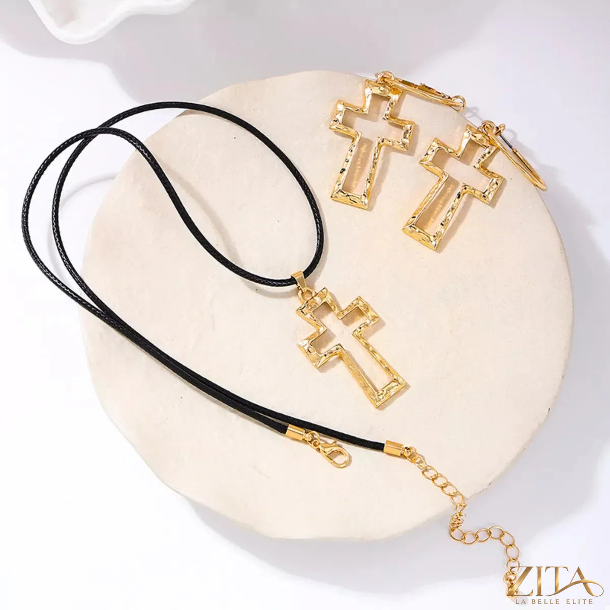 Trendsi cross pendant necklace and hoop earrings jewelry set featuring a silver-tone cross pendant with matching hoop earrings.